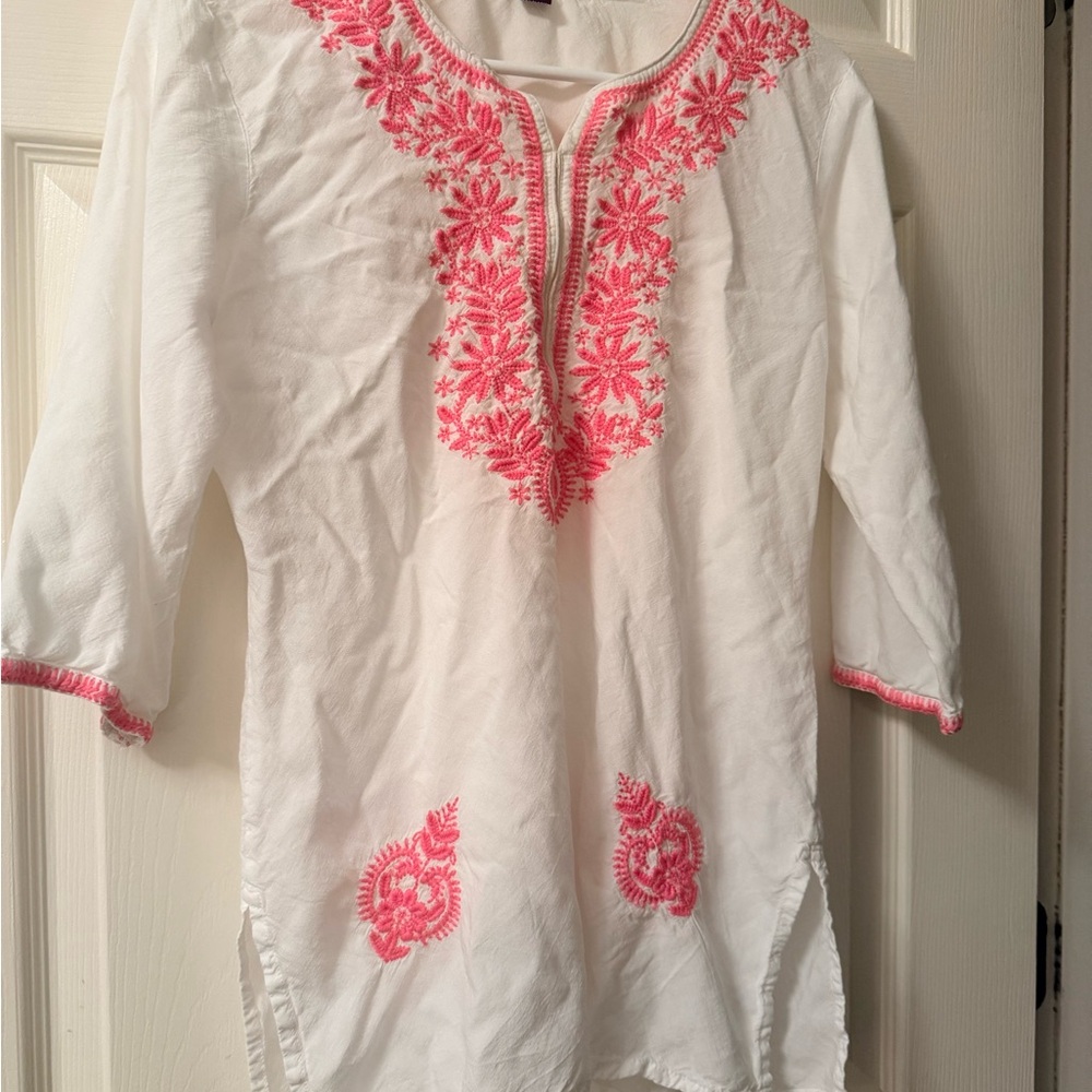 White Tunic with Pink Embroidered Floral Accents